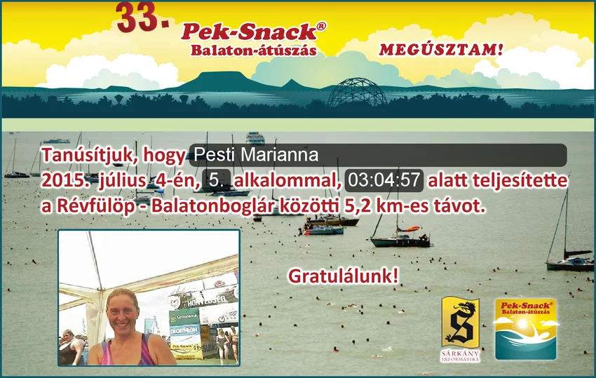 Peti Marianna oklevele a Balaton-átúszásról, ágyéki stabilizációs műtét után.