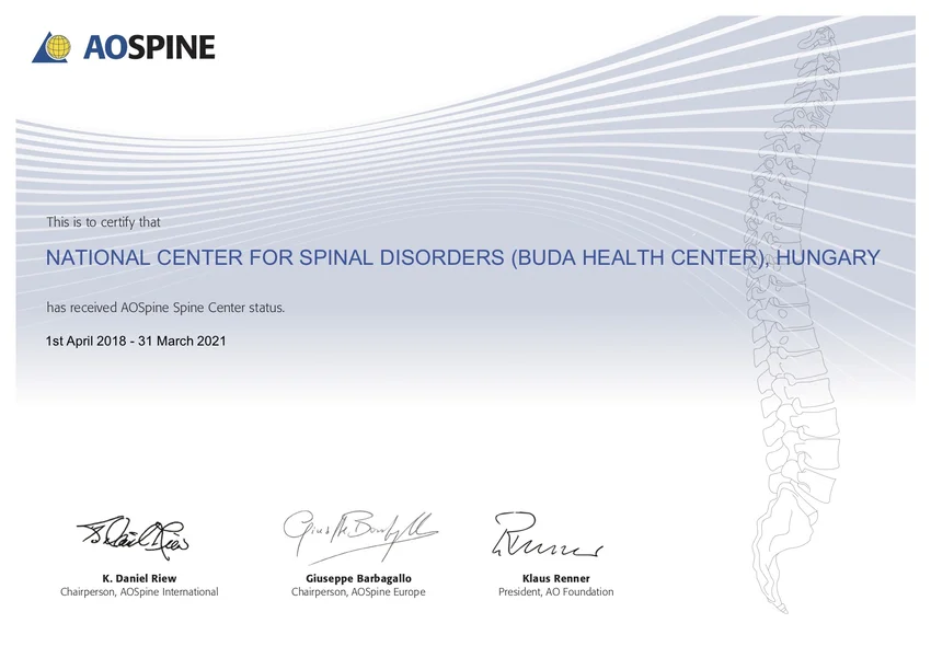 AOSpine Europe vezetősége által kiállított AOSpine Center tanúsítvány