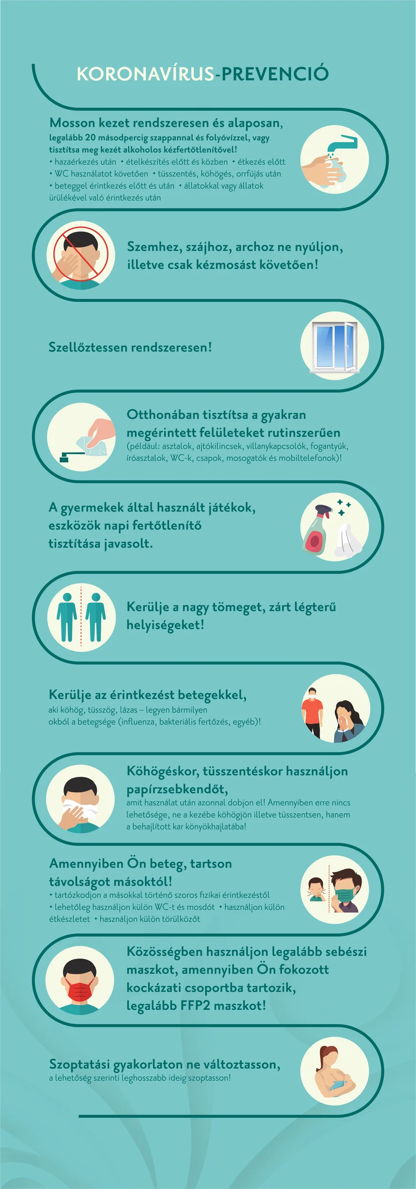 Koronavírus-prevenció: Mosson kezet renszeresen és alaposan! Szemhez, szájhoz, archoz ne nyúljon, illetve csak kézmosást követően! Szellőztessen rendszeresen! Otthonában tisztítsa a gyakran megérintett felületeket rutinszerűen! A gyermekek által használt játékok, eszközök napi fertőtlenítő tisztítása javasolt. Kerülje a nagy tömeget, zárt légterű helyiségeket! Kerülje az érintkezést betegekkel! Köhögéskor, tüsszentéskor használjon papírzsebkendőt! Amennyiben Ön be