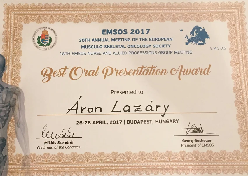 Dr. Lazáry Áron oklevele a legjobb előadásért.
